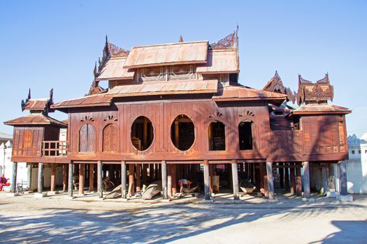 Wooden Nyan Shwe Kgua temple near Inle lake in Myanmar