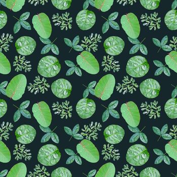 Seamless background with green leaves and water drops