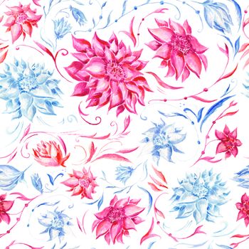Seamless texture with pink and blue hand-painted flowers for textile design