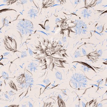 Watercolor hand-painted background with brown and blue peony on linen canvas