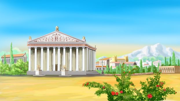 Digital painting of the Temple of Artemis in ancient Greece.