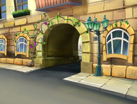 Digital painting of the arched gate. Enter the courtyard of an apartment house