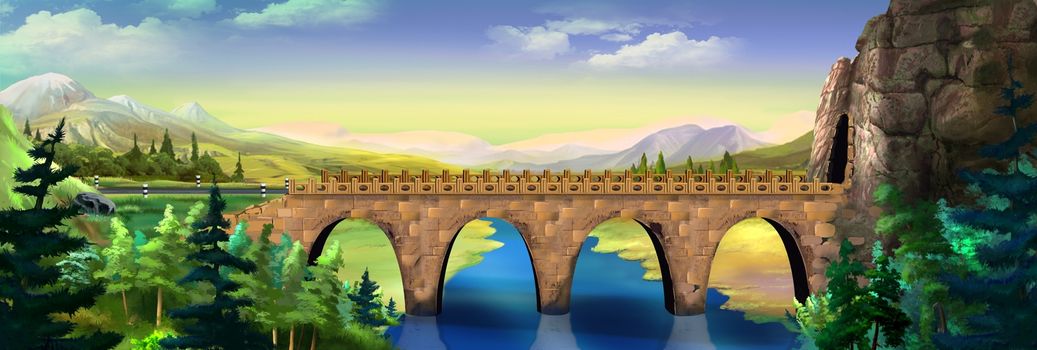 Digital painting of the arch bridge over the river with entrance to the tunnel.