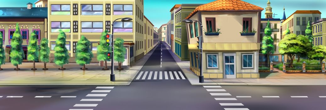 Digital painting of the city streets. Crossroads, traffic light, crosswalk.