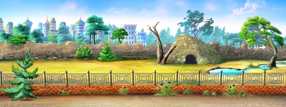 Digital painting of the City Zoo with fence, trees and small animal house.