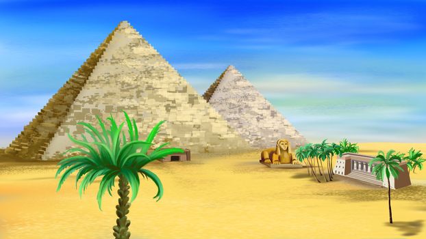 Digital painting of the Egyptian pyramids.