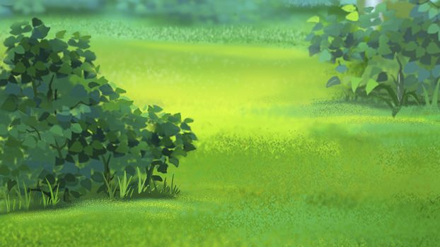 Digital painting of the grass in the meadow with bushes