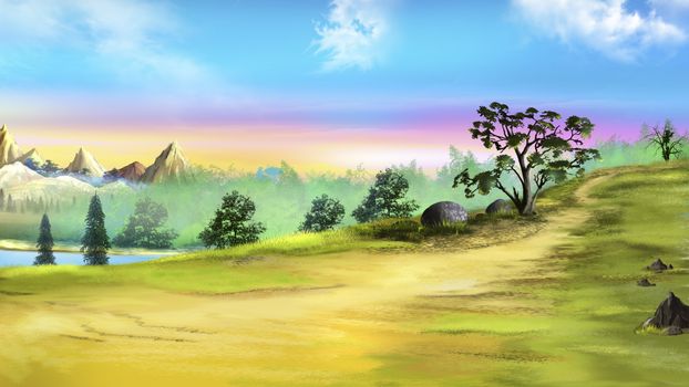 Digital painting of the landscape with lonely tree