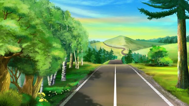 Digital painting of the long road to mountain.