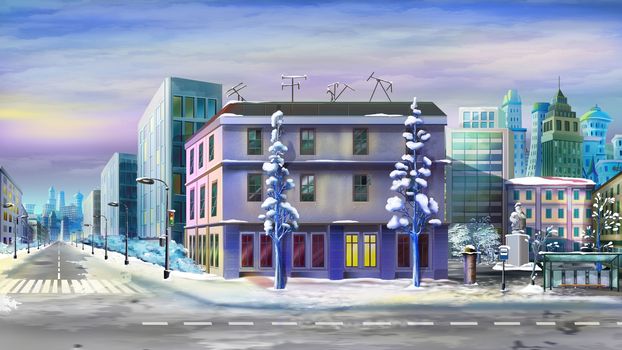Digital painting of the Cityscape after winter snow