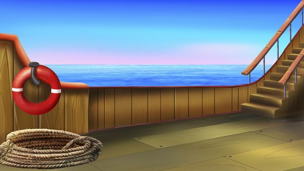 Digital painting of the deck of a small ship