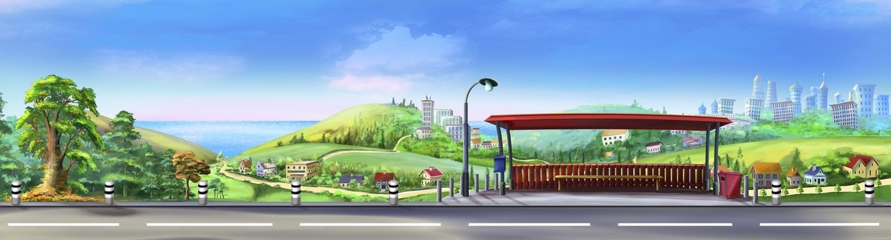 Digital painting of the view from the road with bus stop and asphalt road