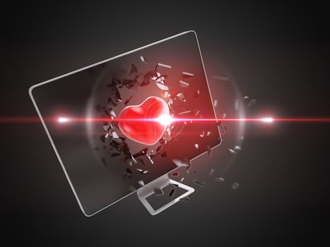 red heart destroy computer screen, technology background