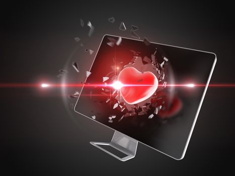 red heart destroy computer screen, technology background