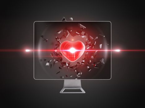 red heart destroy computer screen, technology background