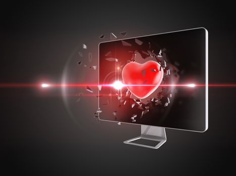 red heart destroy computer screen, technology background