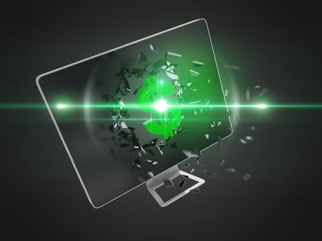 Green dollar sign destroy computer screen, technology background