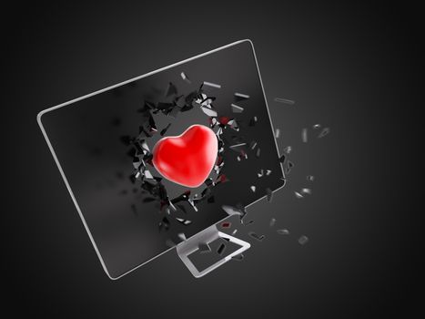 red heart destroy computer screen, technology background