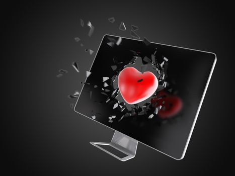 red heart destroy computer screen, technology background