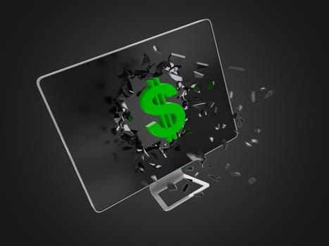 Green dollar sign destroy computer screen, technology background