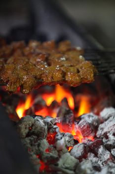 Juicy mutton(lamb) and chicken kebabs being roasted on a barbeque