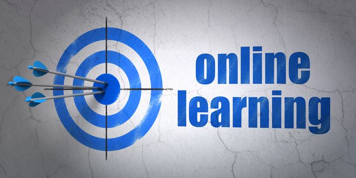 Success Studying concept: arrows hitting the center of target, Blue Online Learning on wall background