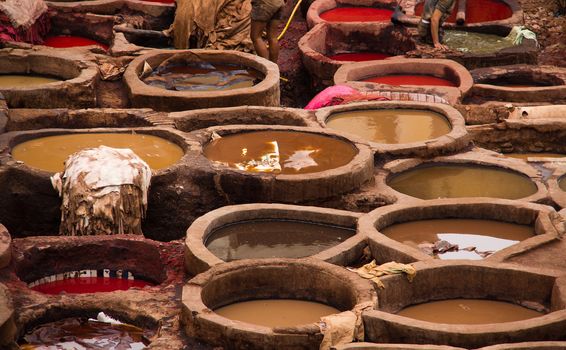 Tanneries of Fes - pools for coloring of leather on a traditional way