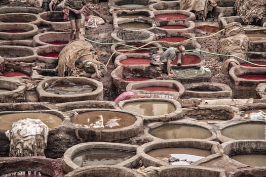 Tanneries of Fes - pools for coloring of leather on a traditional way