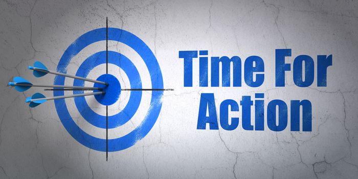 Success timeline concept: arrows hitting the center of target, Blue Time For Action on wall background