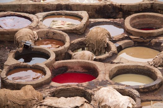 Tanneries of Fes - pools for coloring of leather on a traditional way