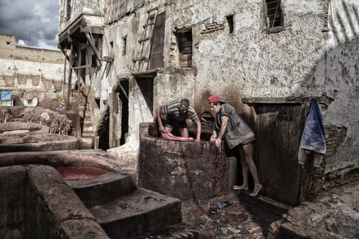 Tanneries of Fes - pools for coloring of leather on a traditional way