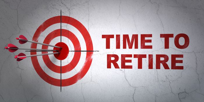 Success time concept: arrows hitting the center of target, Red Time To Retire on wall background