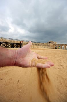 Tasting the sand before a fight in a roman hippodrome (in Jerash, Jordan)