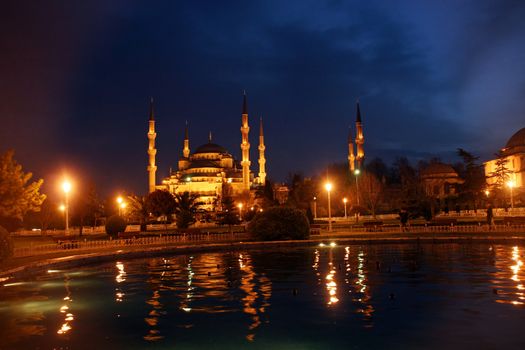 Blue mosque (Sultan Ahmed Camii) at night in Istanbul, Turkey (made from 3 vertical pictures)