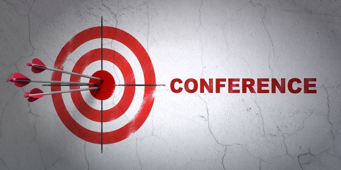 Success finance concept: arrows hitting the center of target, Red Conference on wall background