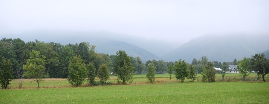 Panorama of beautiful green landscapes in the mist and rain