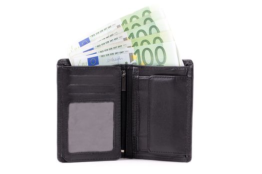 Wallet with European money on a white background