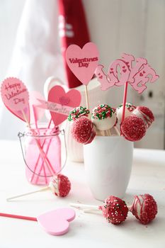 Closeup of cake pops with decorations for Valentine's Day