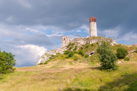 Olsztyn, Poland - July 6, 2014: The ruins of a 14th-century castle in Olsztyn. It belonged to a system of fortifications, built by King Kazimierz Wielki.