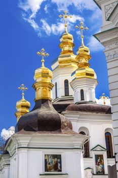 Ornate Crosses Gold Domes Church Birth Blessed Virgin Holy Assumption Pechrsk Lavra Cathedra Kiev Ukraine.  Oldest Ortordox Monastery In Ukraine and Russia, dating from 1051, Starting from Caves in Monastery in Kiev.  