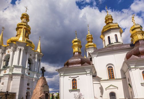 Bell Tower Far Caves Church Birth Blessed Virgin Holy Assumption Pechrsk Lavra Cathedra Kiev Ukraine.  Oldest Ortordox Monastery In Ukraine and Russia, dating from 1051, Starting from Caves in Monastery in Kiev.  