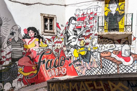 LISBON, PORTUGAL - AUGUST 23: Graffiti of traditional portuguese fado on the street of Lisbon on August 23, 2014. Fado is a music genre which can be traced to the 1820s in Portugal.