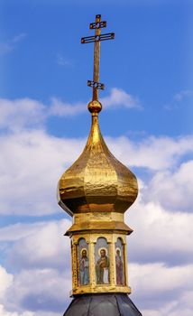 Cross Golden Dome Saints Church Life Source Holy Assumption Pechrsk Lavra Cathedra Kiev Ukraine.  Oldest Ortordox Monastery In Ukraine and Russia, dating from 1051, Starting from Caves in Monastery in Kiev.  