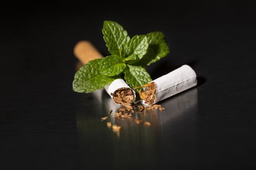 Broken cigarette with fresh mint, on black background