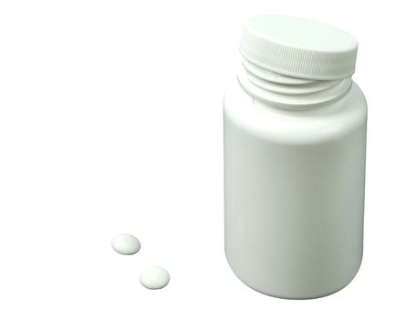 two white pills with white jar on a black background