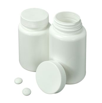 two white pills with two white jar on a white background
