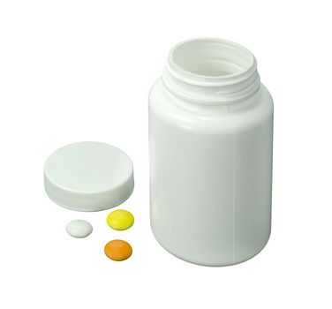 three pills of a different colors with white jar on a white background
