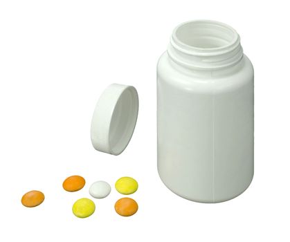 six pills of a different colors with white jar on a white background