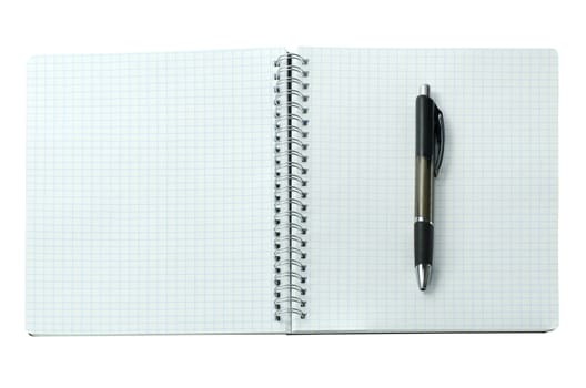 open notebook with pen on a white background