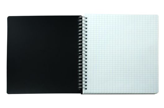 open notebook with black cover on a white background